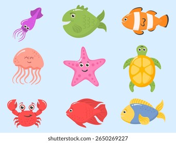 Cute sea animal vector. Cartoon fish, crab, octopus and jellyfish in colorful underwater design. Happy marine life illustration with starfish, seashell and coral for children’s collection.

