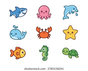 Cute Sea Animal Vector Icon Set with Kawaii Ocean Creatures
