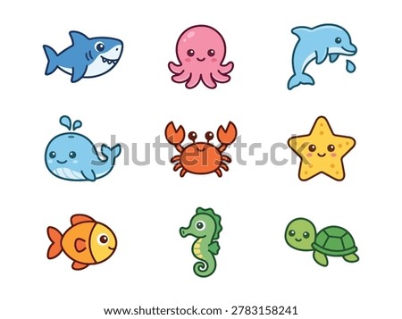 Cute Sea Animal Vector Icon Set with Kawaii Ocean Creatures