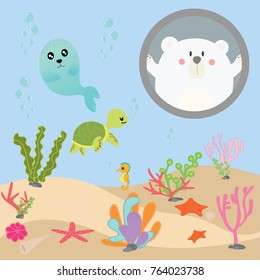 cute sea animal vector set in aquarium