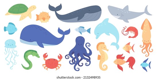 Cute sea animals, aquatic underwater creatures, marine life. Starfish, octopus, seahorse, shark, turtle, dolphin, whale, ocean animal vector set