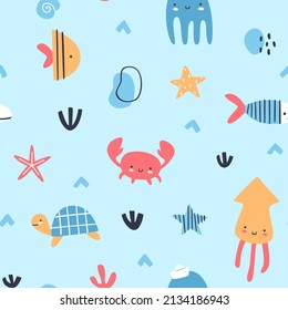 Cute sea animals baby pattern. Marine life seamless vector print for shower fabric and kids apparel.