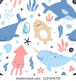 Cute sea animals baby pattern. Underwater seamless vector print for shower textile and fabric.