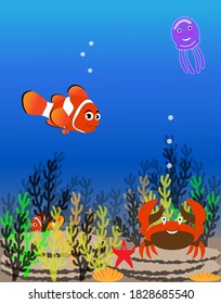 cute sea animals in the sea background. illustration vector