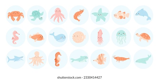 Cute sea animals big collection. Aquatic characters icon set in circle bubbles. Under the sea clipart, cartoon ocean babies. Vector illustration, kawaii stickers for kids designs.