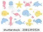 Cute sea animals. Big set.  Cartoon ocean fish, seahorse, jellyfish, blowfish, starfish, dolphin, turtle, crab, whale, anglerfish, ramp, squid, shark, octopus, shrimp