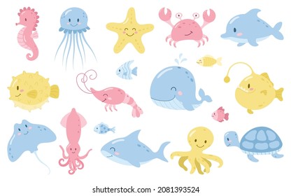 Cute Sea Animals. Big Set.  Cartoon Ocean Fish, Seahorse, Jellyfish, Blowfish, Starfish, Dolphin, Turtle, Crab, Whale, Anglerfish, Ramp, Squid, Shark, Octopus, Shrimp