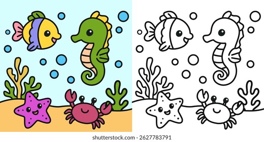 Cute sea animals cartoon character coloring page vector illustration