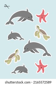 Cute sea animals in cartoon childish style for cut out. Vector illustration with dolphin, turtle, starfish for kids. Game for children.