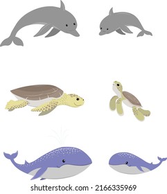 Cute sea animals in cartoon childish style for cut out. Vector illustration with mothers and babies isolated on white background.