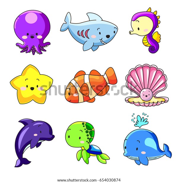 Cute Sea Animals Cartoon Collection Stock Vector (Royalty Free) 654030874