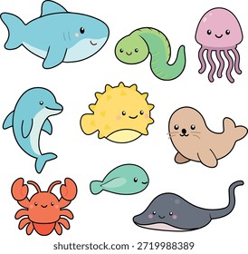 Conjunto de Ilustración vectorial de dibujos animados de animales marinos lindos con varios animales marinos en estilo plano simple con colores suaves. Perfecto para el diseño de niños, pegatinas, carteles, materiales educativos, arte infantil y proyectos temáticos sobre el océano.
