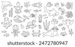 Cute sea animals characters in cartoon style. Coloring book isolated on white background. Vector illustration