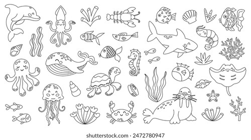 Cute sea animals characters in cartoon style. Coloring book isolated on white background. Vector illustration