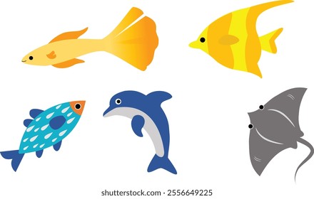 Cute sea animals collection. Vector various types of cute sea animals icons isolated on white background