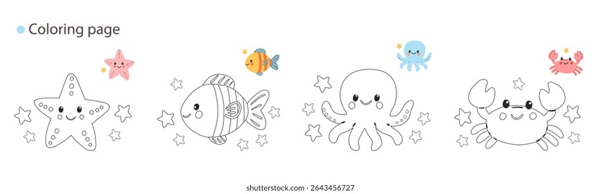 Cute sea animals coloring sheet set with happy fish, crab, dolphin, and starfish – perfect for summer crafts and kids' learning projects.