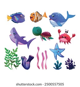 Cute sea animals and coral plants collection for ocean-themed designs and educational materials