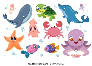 Cute sea animals and different fish. Underwater ocean life with funny characters of octopus, turtle, starfish, squid and crab. Happy whale and dolphin. Aquatic creatures set flat vector illustration.