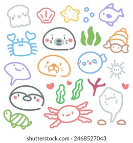 Cute Sea Animals Doodle Set with Marine Life Elements. Adorable Cartoon Sea Creatures and Ocean Elements Vector.