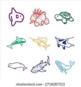 Cute Sea Animals Doodle Set with Clean Line Ocean Characters 귀여운 바다 동물 두들 세트 심플 라인 오션 캐릭터