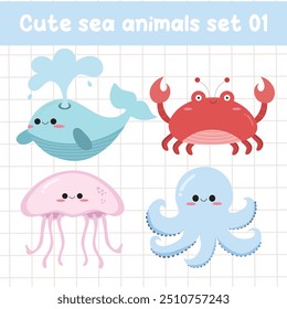 Cute sea animals element set in kawaii style. Suitable for flat design graphic illustration, clip art,  posters, stickers, cards, etc
