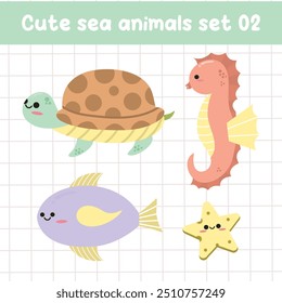 Cute sea animals element set in kawaii style. Suitable for flat design graphic illustration, clip art,  posters, stickers, cards, etc