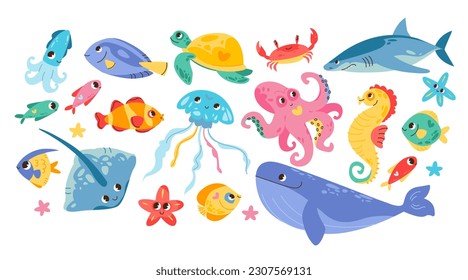 Cute sea animals and fish. Cartoon vector characters with smiling faces.
