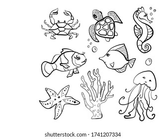 Cute Sea Animals and Fish. Funny Doodle Style Vector Sketches. Cartoon Characters. Simple Design