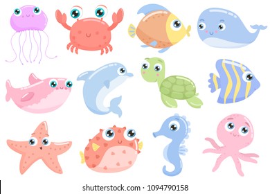 Cute sea animals. Flat design.