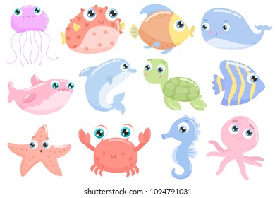 Cute sea animals. Flat design.