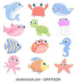 Cute sea animals. Flat design.