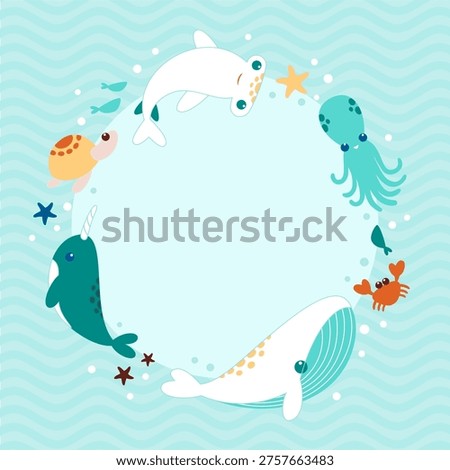 Cute sea animals frame with copy space. Underwater background with whale, narwhal, octopus, turtle, crab and fish. Perfect for kids birthday invitation, baby shower, greeting card, poster or party design.