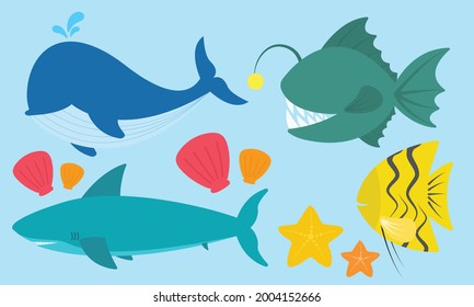 Cute-Sea-Tier-Illustrationsset, Vektorgrafik in der Seesterne von Haianglerfish