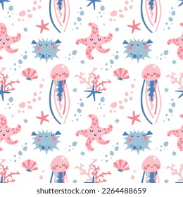 Cute sea animals: jellyfish, starfish, shells and fish. vector pattern