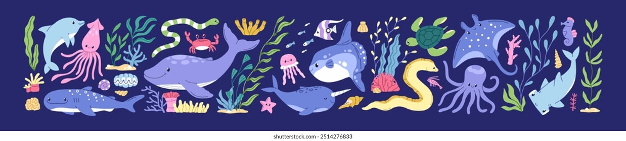 Cute sea animals and marine plants set. Ocean fishes, algae, underwater flora and fauna bundle. Undersea water mammals, dolphin, stingray, jellyfish. Isolated childish flat vector illustrations