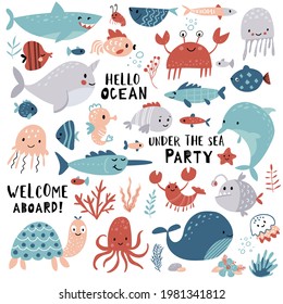 Cute Sea Animals, Ocean Set For Summer Baby Shower And Girls And Boys Birthday Party Design. Cartoon Narwhal, Whale, Dolphin, Crab, Turtle, Octopus, Fish, Medusa.