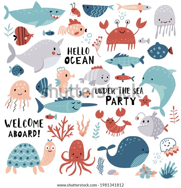 Cute sea animals, ocean\
set for summer baby shower and girls and boys birthday party\
design. Cartoon Narwhal, Whale, Dolphin, Crab, Turtle, Octopus,\
Fish, Medusa.