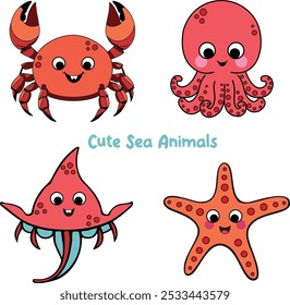 Cute sea animals, octopus, crab, starfish, stingray, jellyfish