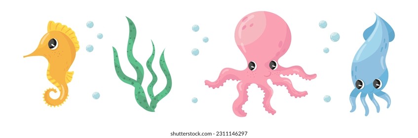 Animales de mar con conjunto de pulpo, caballito de mar y vectores de calamar