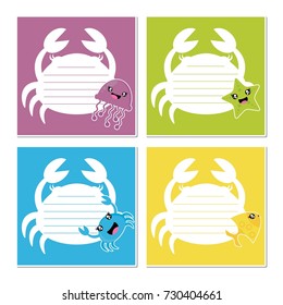 Cute sea animals on colorful crab frame vector cartoon illustration for birthday memo paper design, planner paper and stationery paper