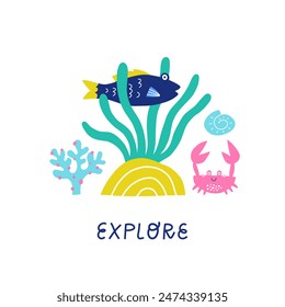 Cute sea animals on a white background. Print with ocean animals and seaweed. Vector illustration
