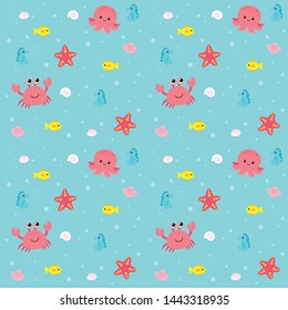 Cute sea animals pattern on blue water background
