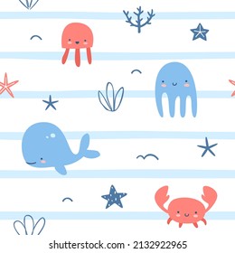 Cute sea animals pattern with stripes. Underwater seamless vector baby print for shower textile and apparel.