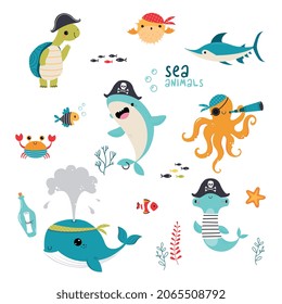 Cute Sea Animals in Pirate Hat and Bandana Floating Underwater Vector Set