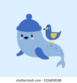 Cute sea animals. Print design for kids clothes. Seagull and a seal illustration. Perfect for kids book, t-shirt, card, print, textile. Vector