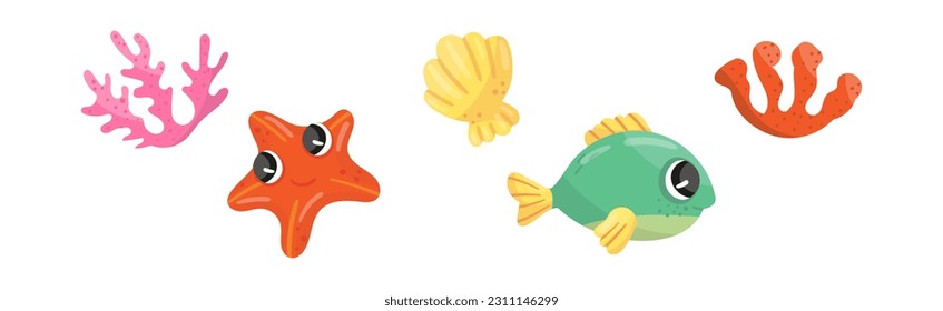 Animales de mar con conjunto de vectores de vieira, coral, pez y pez estrella