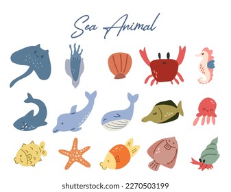 Cute sea animals for scrapbooking. Sea animals vector set stingray, squid, clam, crab, shark, dolphin, whale, sea fish, puffer fish, starfish, octopus, seahorse, and, hermit crab.