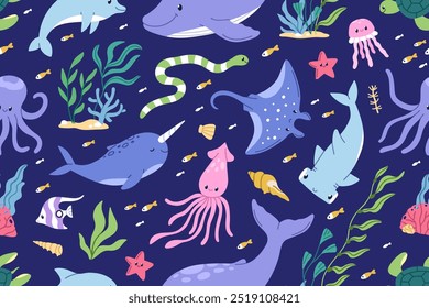 Animales de mar lindos, patrón marino sin fisuras. Peces submarinos, plantas submarinas, impresión repetitiva. Océano, fondo sin fin, diseño de textura. Ilustración vectorial plana para niños para textiles, tela