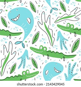 Cute sea animals seamless pattern. Whale and crocodile. Color print on white background. Vector illustration