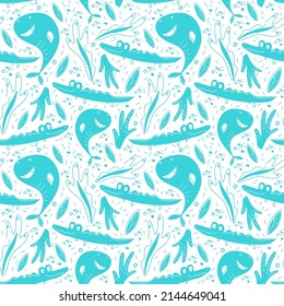 Kühle Meerestiere nahtlose Muster. Wale und Krokodile. Blauer Druck auf weißem Hintergrund. Vektorgrafik
